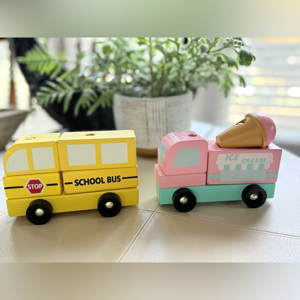 Colorful Wooden School Bus and Ice Cream Truck Toy Puzzle Set